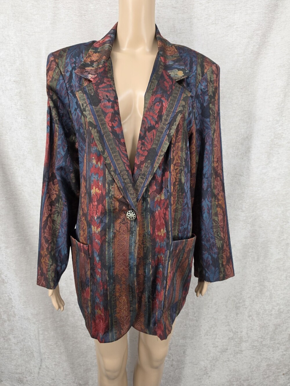 Vintage Floral Jacquard Damask Striped Blazer Jacket #1